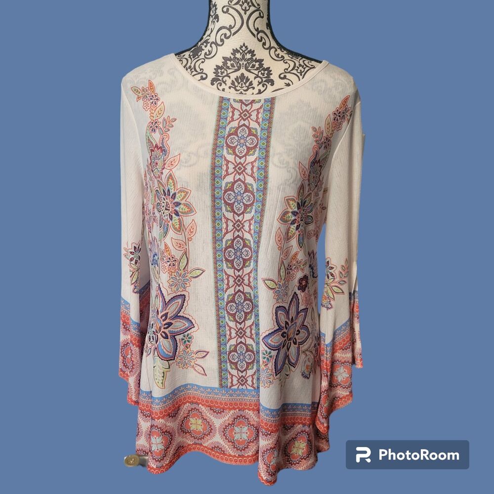 New Directions Printed Bell Sleeve Tunic Top Boho Pattern